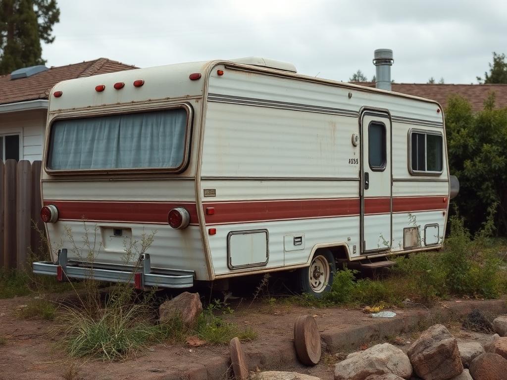 Neglected travel trailer sitting for years behind a California house